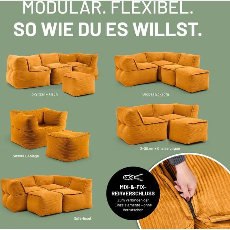 Lumaland Sitzsack-Sofa, Polyester, Pouf, Cord - Senfgelb, 40 x 54 x 54 cm – Bild 4