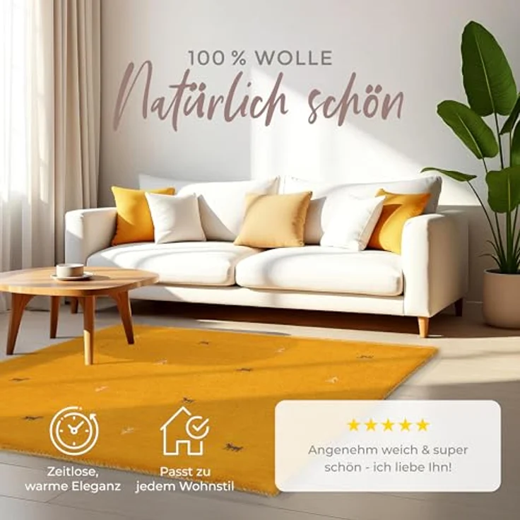 carpetfine 'Gabbeh Uni' Wollteppich, reine Wolle, Gelb, 120x120 cm – Bild 3