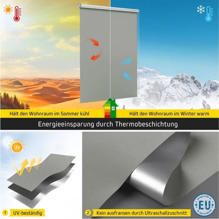 Verdunklungsrollo Thermorollo, 30 x 100 cm, dunkelgrau [Stoffbreite 26,6 cm], jalousiescout, verdunkelnd, ohne Bohren, freihängend, Klemmfix, Thermo-Rollo Vollverdunkelnd Thermo-Beschichtung, energiesparend – Bild 2