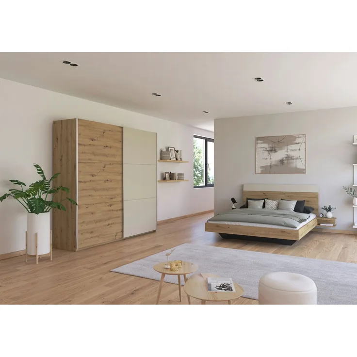 Schlafzimmer Monza Beige mit Schwebetürenschrank mit oder ohne Spiegel im Dekor Eiche Artisan und Beige – in verschiedenen Varianten wählbar - 4 teilig , Kleiderschrank ohne Spiegel + Bett 160x200cm + 2 Nachttisch