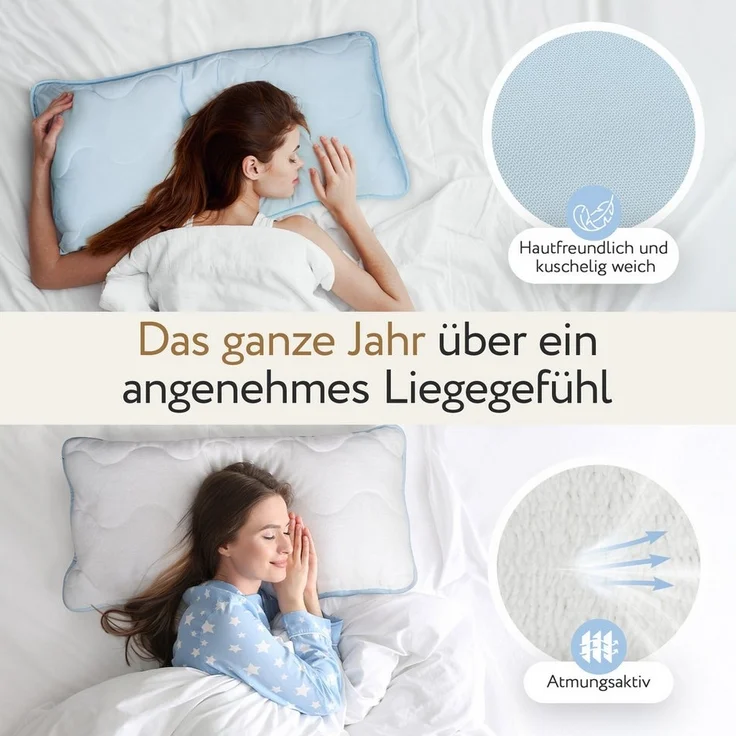 Herlag Kopfkissen 2-in-1 Sommer- & Winterseite, Bauchschläfer, Rückenschläfer, Seitenschläfer, Ganzjahres-Wendekissen Kühlend & Wärmend – Bild 2