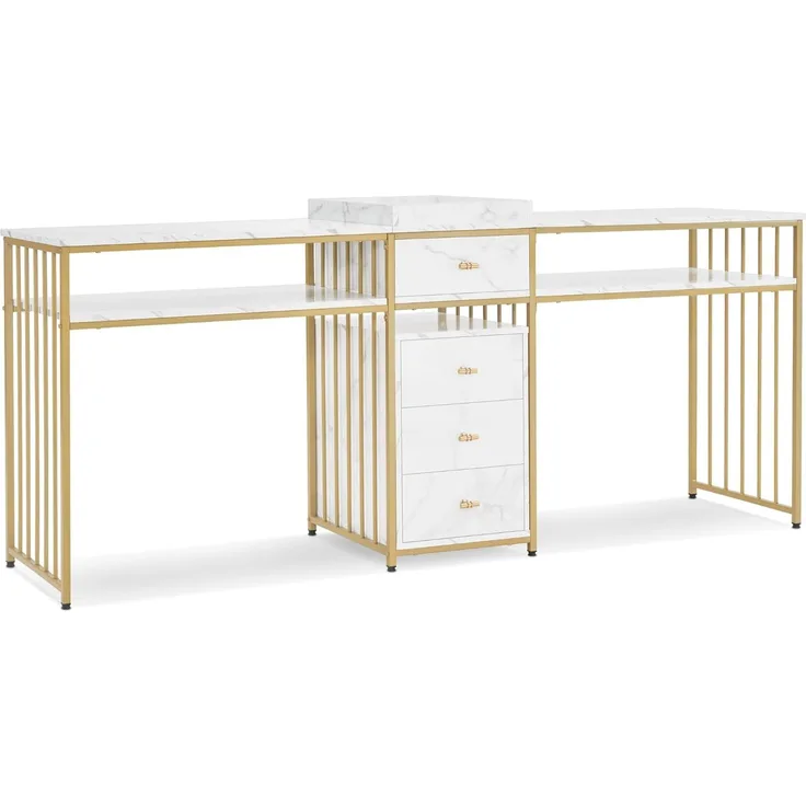 M MCombo Doppelnageltisch mit Schubladen, Schreibtisch mit Regal, Manikürtisch, Schminktisch ohne Spiegel Wohnzimmer Modern, Marmor-Weiß Gold, 2413