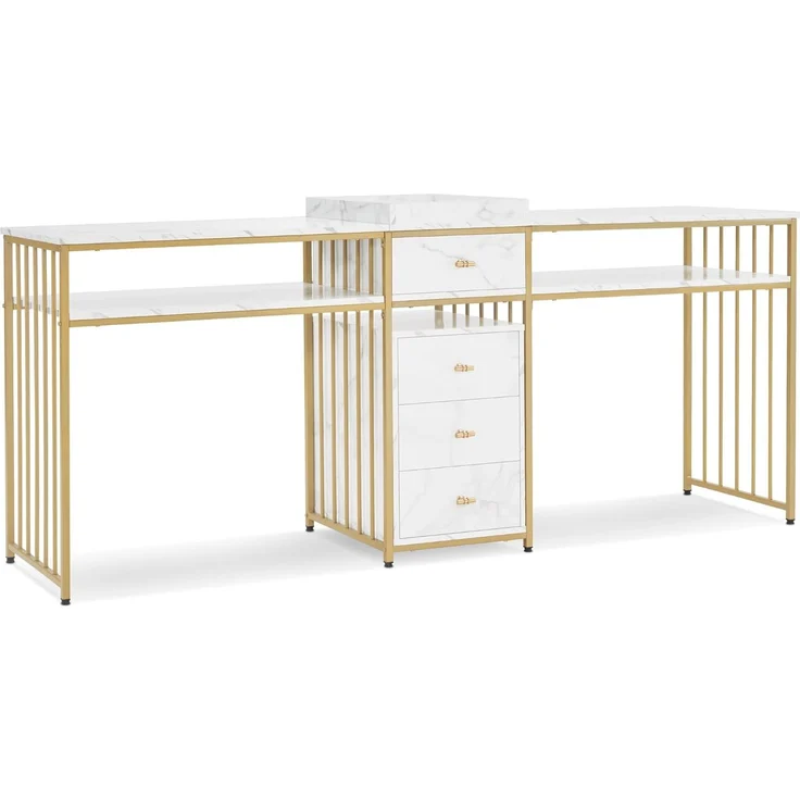 M MCombo Doppelnageltisch mit Schubladen, Schreibtisch mit Regal, Manikürtisch, Schminktisch ohne Spiegel Wohnzimmer Modern, Marmor-Weiß Gold, 2413 – Bild 1