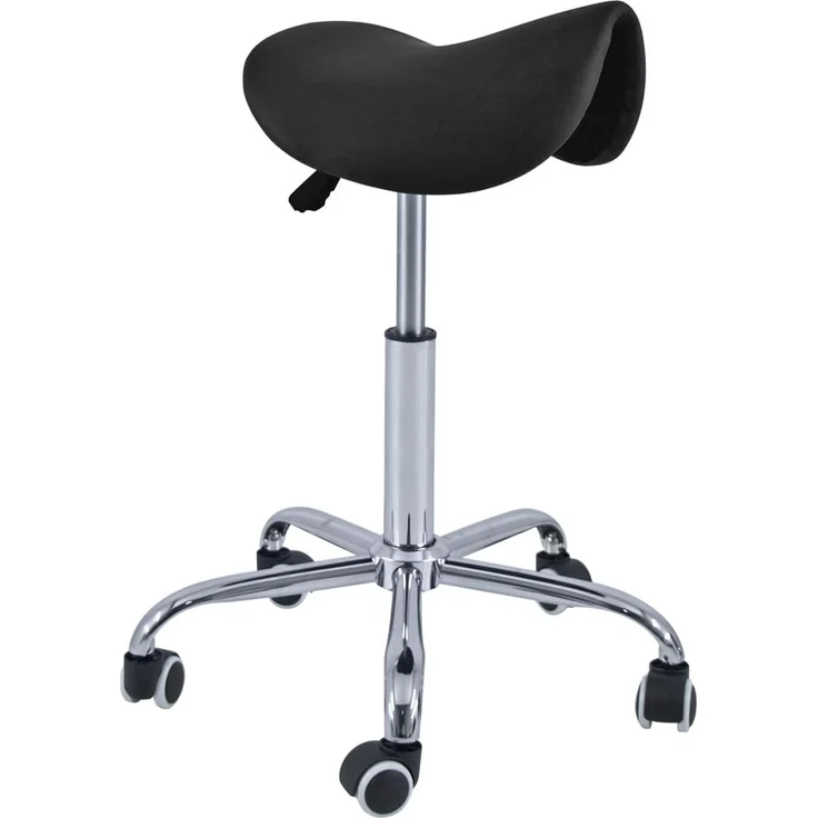 Quirumed Pony-Hocker mit 5 Rädern, Chromgestell, Schwarze Farbe, Kunstlederpolsterung, höhenverstellbar, leicht, ergonomisches Design, drehbar, bis zu 150 kg – Bild 1