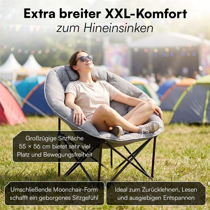STEELSØN 'Hoggar' Moonchair faltbar, gepolsterter Campingstuhl grau, bis 150 kg, mit Kopfkissen und Tragetasche – Bild 7
