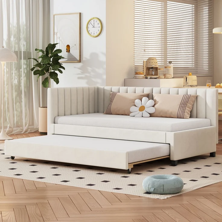 Polsterbett, 90 x 200, Ausziehbares Schlafsofa, Multifunktionsbett mit Lattenrost, Jugendbetten Kinderbetten Gästebetten, Samtstoff, Beige, 90 x 200 cm – Bild 2