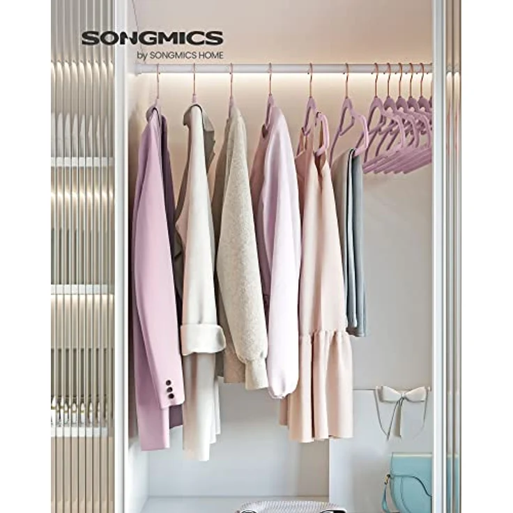 SONGMICS Kleiderbügel Samt, 50er Set, rutschfest, platzsparend | Bügel, 43,5 cm lang, 0,6 cm dick, kleine Stange für Krawatten, 360° drehbarer, Lila + Roségold ,BREANNA Kollektion CRF021GP50 – Bild 2