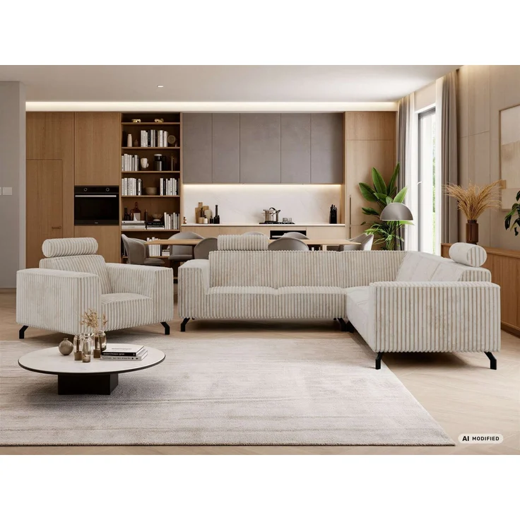Möbelset 2-teilig, Ecksofa mit Sessel VESANO, Wohnlandschaft, Ecksofa L-Form mit Sessel, HR-Schaum & Wellenfederung, Set mit verstellbaren Kopfstützen - Beige Cord – Bild 4