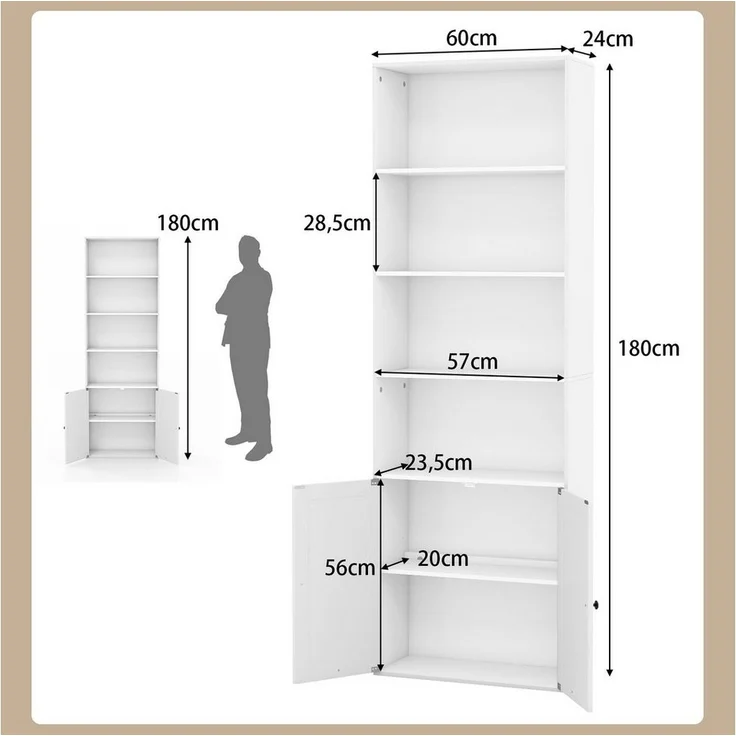 COSTWAY Bücherregal, 180cm Bücherschrank mit Türen & 4 offenen Fächern – Bild 2