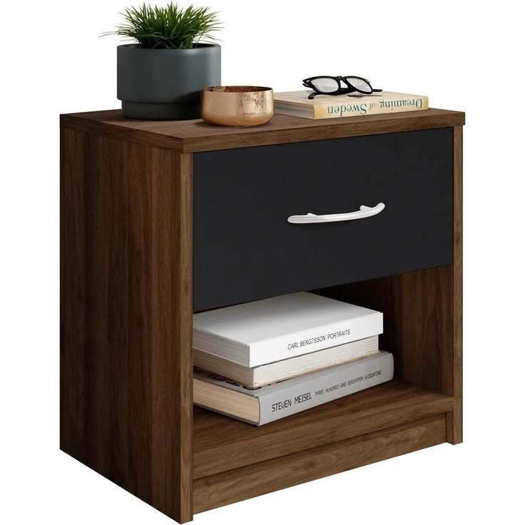 Stella Trading PEPE Nachttisch in Columbia Nussbaum Optik, Schwarz - Schlichter Nachtschrank mit einer Schublade passend zu jedem Bett & Schlafzimmer - 39 x 41 x 28 cm (B/H/T) – Bild 2