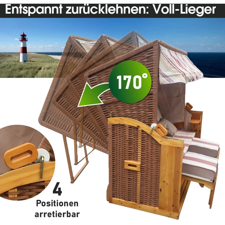 BRAST Strandkorb, Ostsee 3-Sitzer, XXL Volllieger inkl. Schutzhülle, Poly-Rattan, Rot/Beige gestreift, 165 x 160 x 79 cm – Bild 4