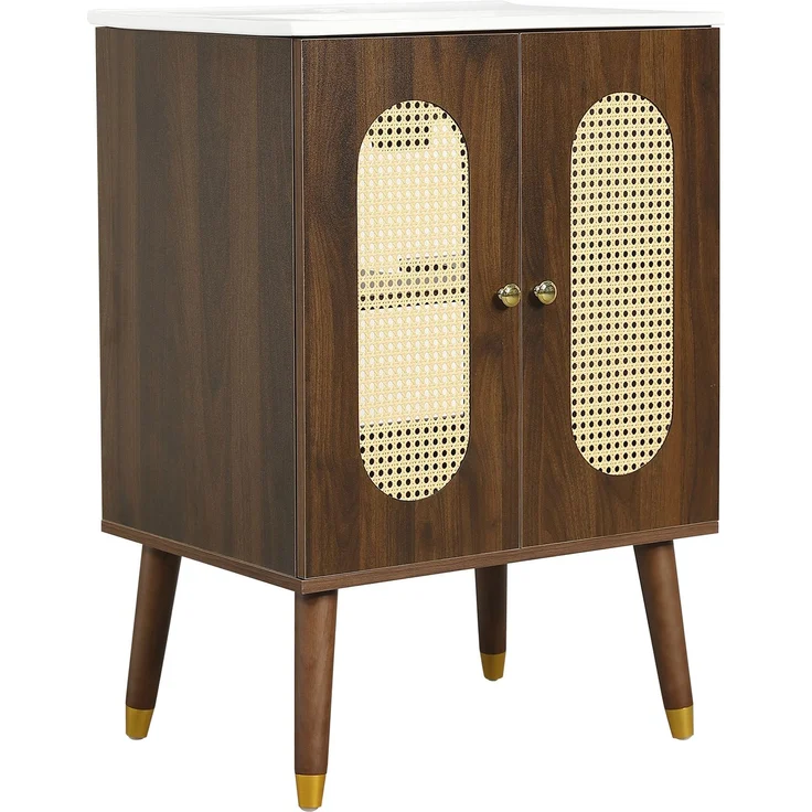 Waschbeckenunterschrank 61x47x89 cm mit Keramikwaschbecken, Rattantüren und Ablageböden – Bild 7
