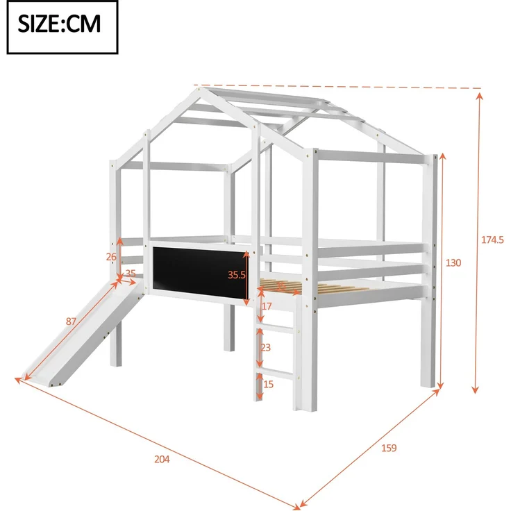 Kinder-Loftbett 90x200 cm mit Rutsche, Hausstil, Leiter & Blackboard,Massivholz Spielbett,Weiß – Bild 5