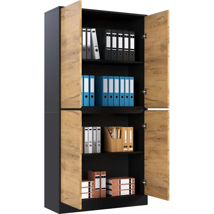 Hochschrank mit verstellbaren Einlegeböden, 80x35x180 cm, Schwarz/Eichenholzoptik – Bild 3