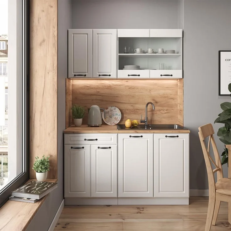 Singleküche R-Line Weiß Landhaus/Weiß 140 cm ohne Arbeitsplatte Vicco – Bild 2