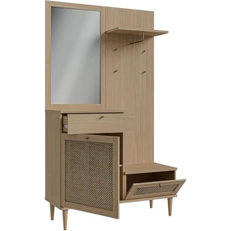 Forte CALASETTA Garderobe 120, 2 Schubladen, 1 Tür, mit Spiegel, Kleiderstange und Ablageflächen, Holzwerkstoff, Elegancia Eiche Holzdekor | Technorattan, 115,1 cm breit x 198 cm hoch x 41,4 cm tief – Bild 6