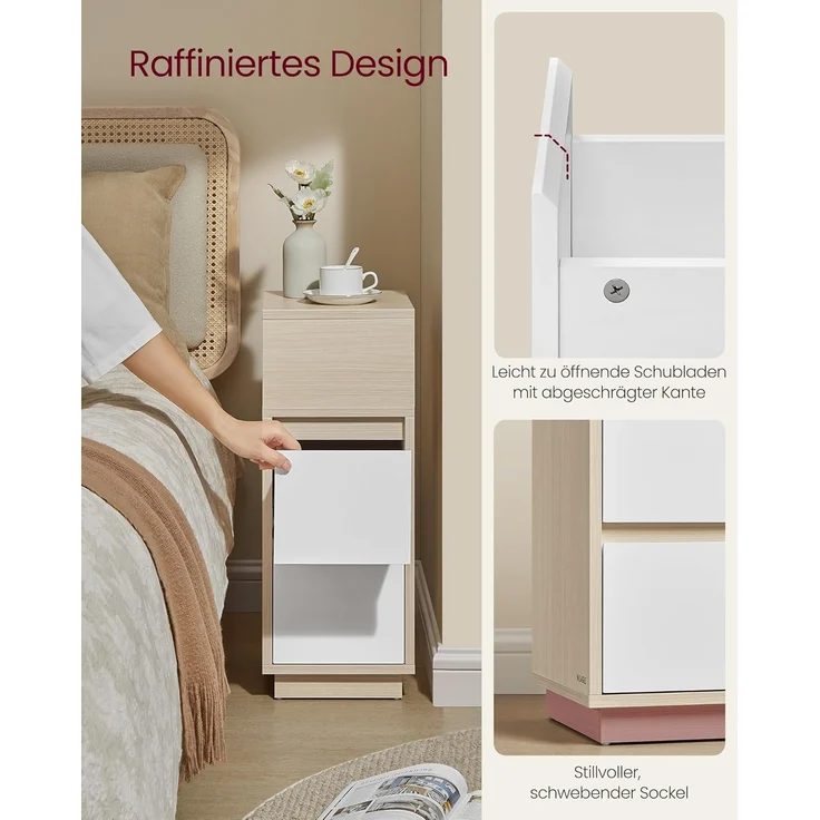 Vasagle 2er Set Nachttisch mit 2 Schubladen, Holz, 65 x 25 x 30 cm, Naturbeige-Wolkenweiß – Bild 6