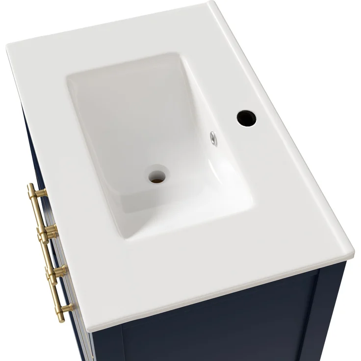 Waschtisch-Unterschrank 76 cm Schwarzblau mit Keramikbecken 2 Schubladen gold handhaben – Bild 7
