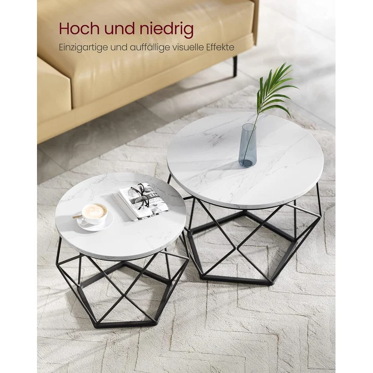 Vasagle Couchtisch rund, 2er Set, Wohnzimmertisch, Beistelltisch, modern, abnehmbare Tischplatte, für Wohnzimmer, weiß-schwarz – Bild 4