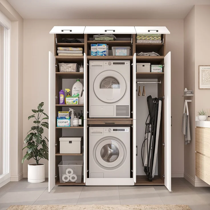 Roomart Waschmaschinenschrank - DORA-I- 160 cm breit - Wasch- & Trocknerschrank mit 2 Hochschränken, Türen & Ausziehbrett, Waschmaschinen-Überbau für Waschküche & Hauswirtschaftsraum • Weiß-Eiche – Bild 6