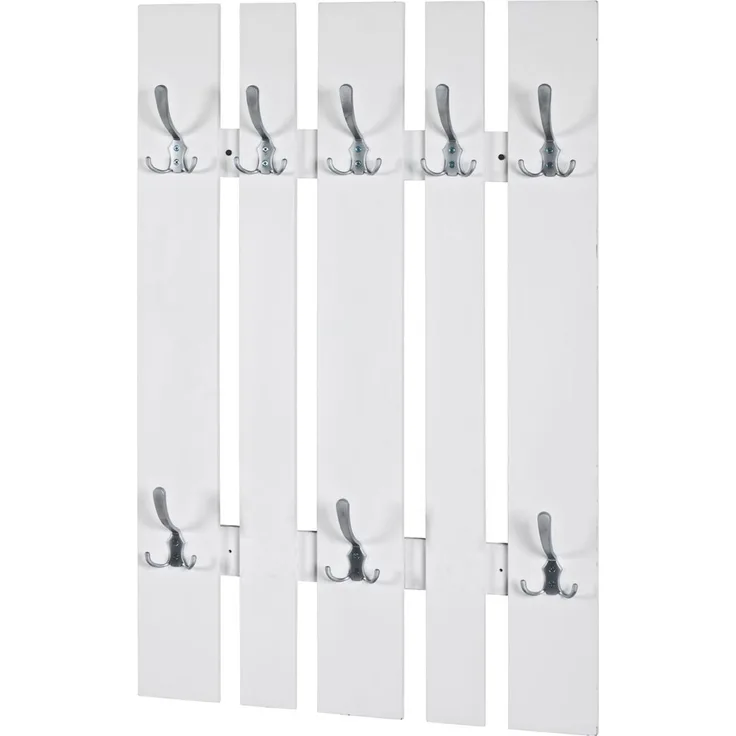 Haku Wandgarderobe mit 8 Garderobenhaken in Edelstahloptik, Korpus aus MDF weiß lackiert, für Flur und Diele, 65x9x100 cm