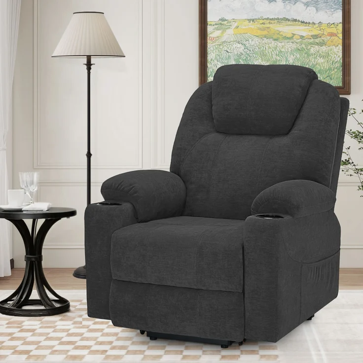 M MCombo elektrisch Aufstehhilfe Fernsehsessel Relaxsessel 7040 Massage Heizung elektrisch verstellbar USB-Anschluss (Chenille, Grau) – Bild 2