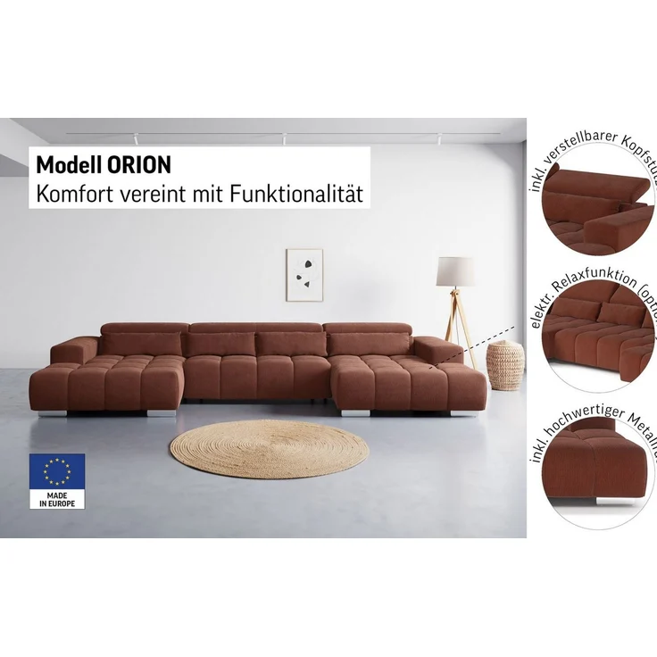 COTTA Wohnlandschaft Orion U-Form, B: 400 cm, Kopfteilverstellung & 4 Kissen, optional elektr. Sitztiefenverstellung – Bild 4