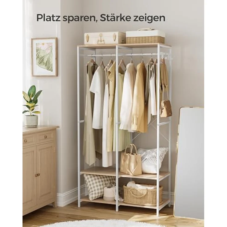 SONGMICS Kleiderschrank offen, Kleiderständer, Garderobenständer, Garderobe mit Kleiderstange, Ablagen, abnehmbare Haken, 40 x 94,5 x 180 cm, naturbeige RGR004W67 – Bild 4