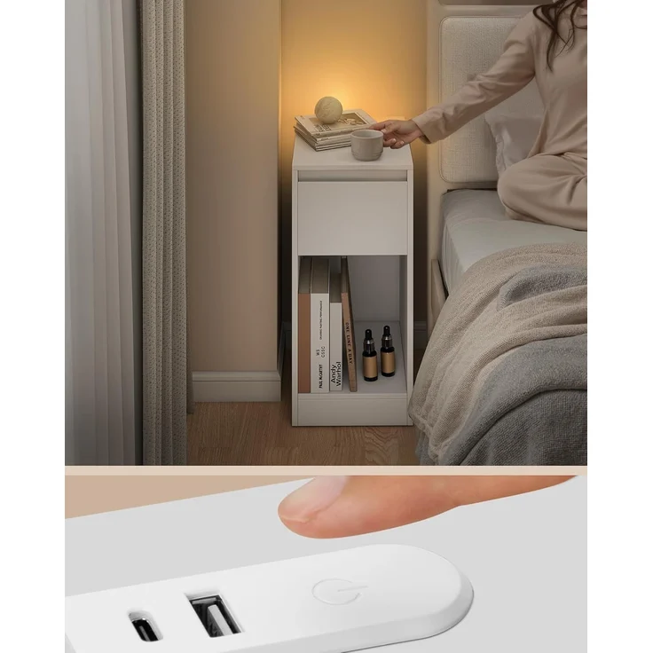 VASAGLE Nachttisch 2er Set, schmal, Beistelltisch, LED-Beleuchtung, 1 USB-A-Anschluss, 1 USB-C-Anschluss, Schublade, offenes Fach, für Schlafzimmer, Wohnzimmer, wolkenweiß LETDE710W01 – Bild 4