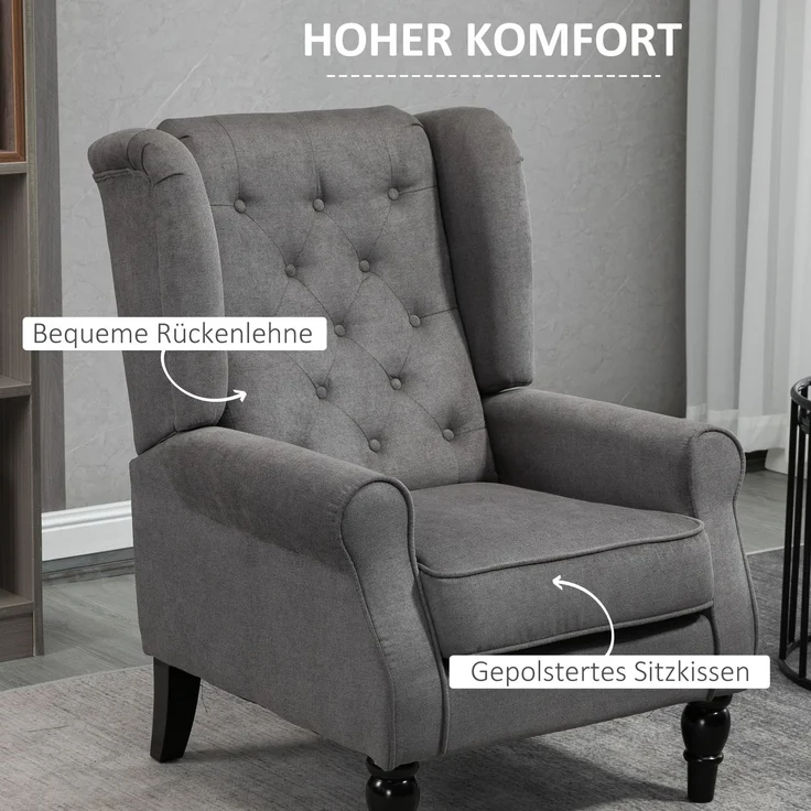 Einzelsessel Relaxsessel Ohrensessel mit Tufting, Holzfüße, Polyester, Dunkelgrau, 74x86x102cm für Wohnzimmer & Schlafzimmer--Dunkelgrau--74x86x102cm--YOUDENOVA – Bild 5