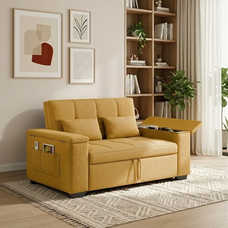Blishom Schlafsofa 2-Sitzer-Sofabett mit verstellbarer Rückenlehne, Ausziehbares mit Kissen und Seitentasche Armlehne mit Staufach – Bild 3