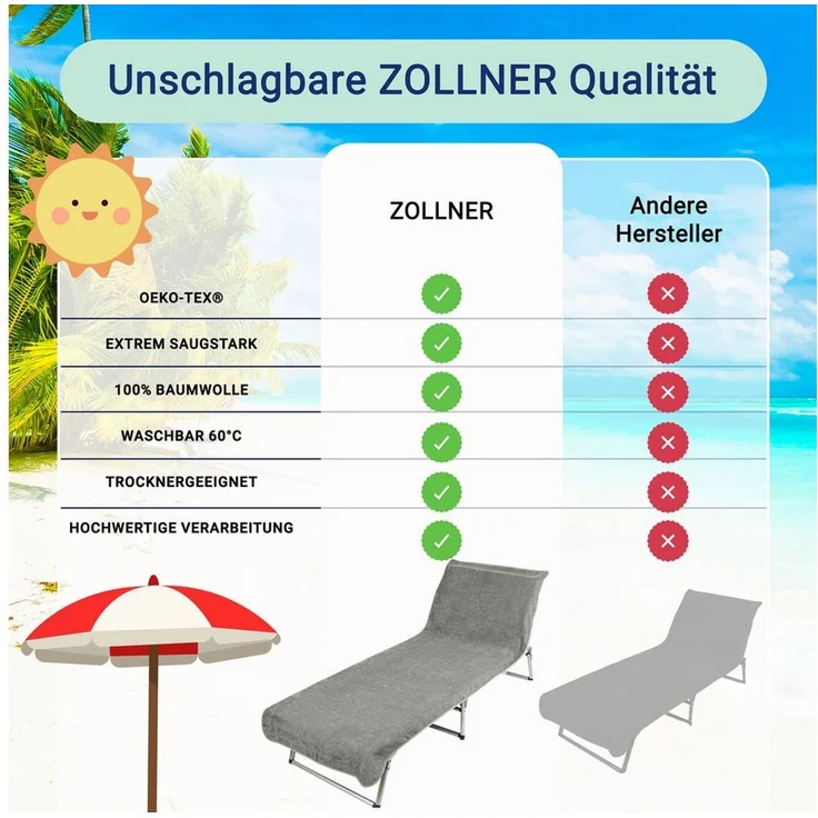 ZOLLNER Liegenbezug Frottee für Gartenliege, 100% Baumwolle, 75x215 cm, hellgrau – Bild 4