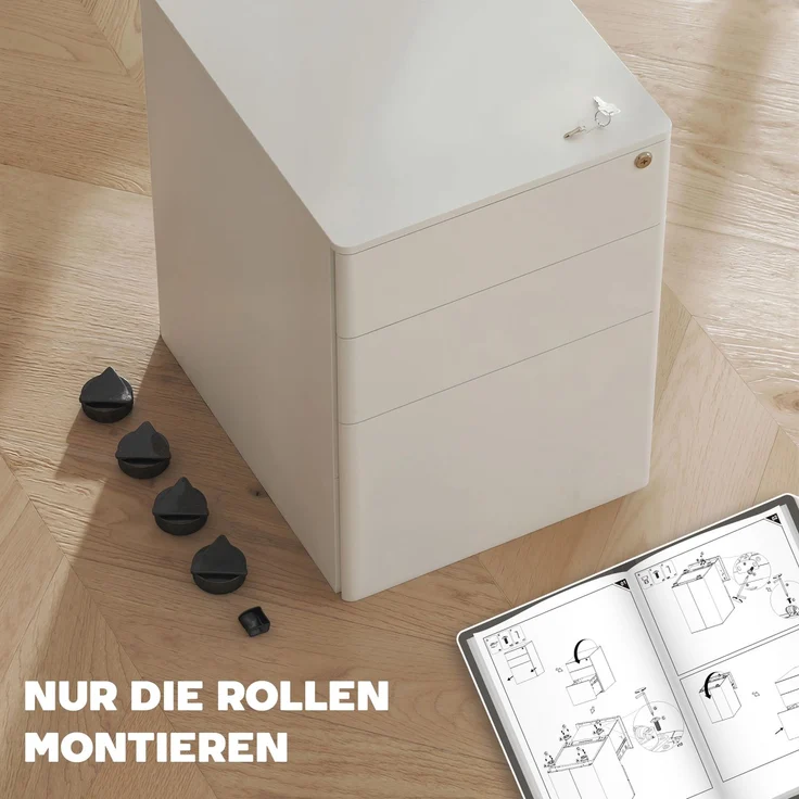 Rollcontainer mit 3 Schubladen mobiler Aktenschrank mit Rollen abschließbar Büroschrank mit Hängeregistratur Stiftfach, Bürocontainer für Büro, Homeoffice, 39 x 48 x 59 cm Weiß--Weiß--59x48x39cm--YOUDENOVA – Bild 10