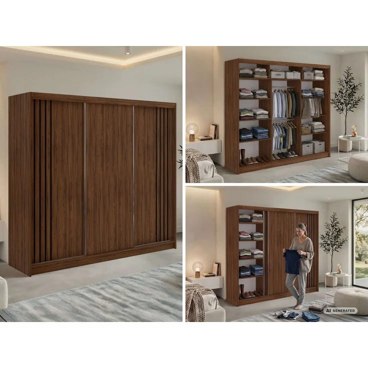 Schwebetürenschrank NAURU mit Lamellen-Optik, moderner Kleiderschrank, Breite 240 cm, inkl. Innenausstattung & Stauraum, Akustikpaneel-Design - Warmia-Nuss und Schwarz – Bild 2