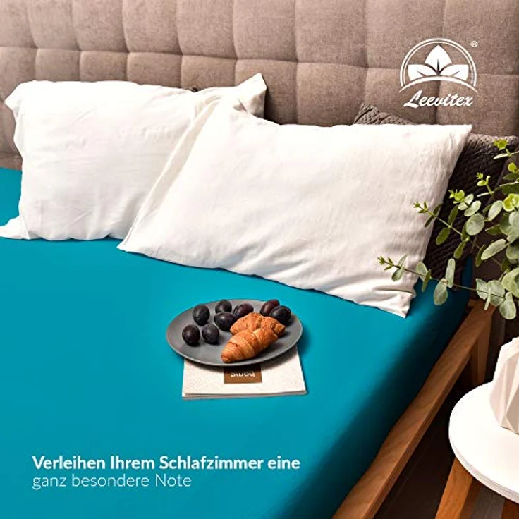 leevitex® Spannbettlaken 140x200cm - 160x200 cm | Spannbetttuch Bettlaken | 100% Jersey Baumwolle | Matratzenhöhe bis 25 cm | Ökotex | Petrol/Smaragd Blau – Bild 3