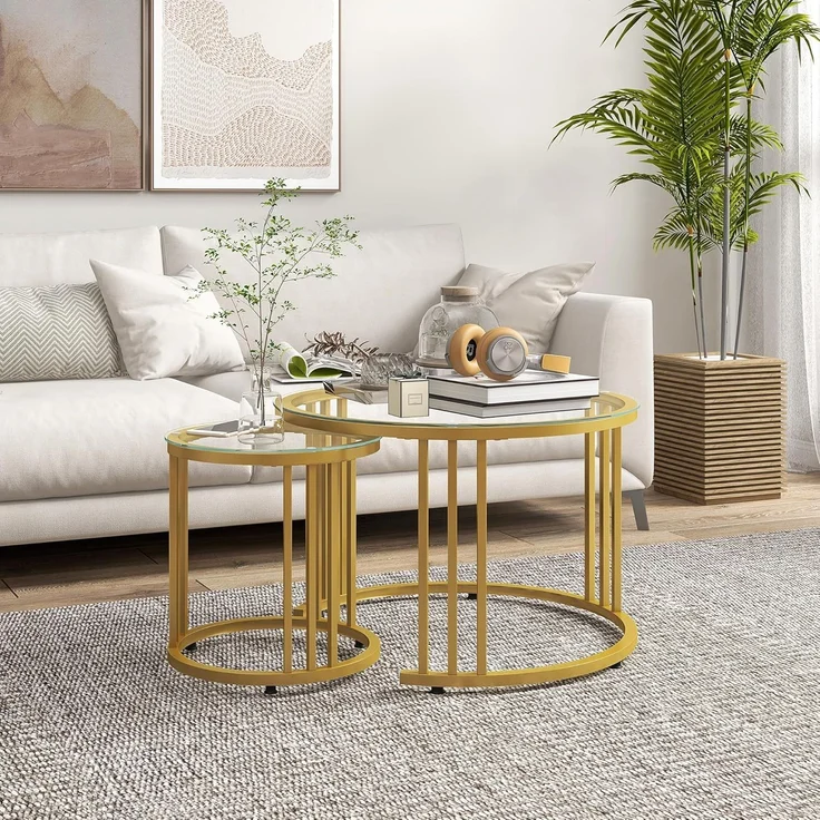 HOMCOM Couchtisch runde Couchtische Set von 2 mit gehärtetem Glas und Stahlrahmen (Beistelltisch, 2-St, Schachteltisch), für Wohnzimmer, Gold – Bild 2