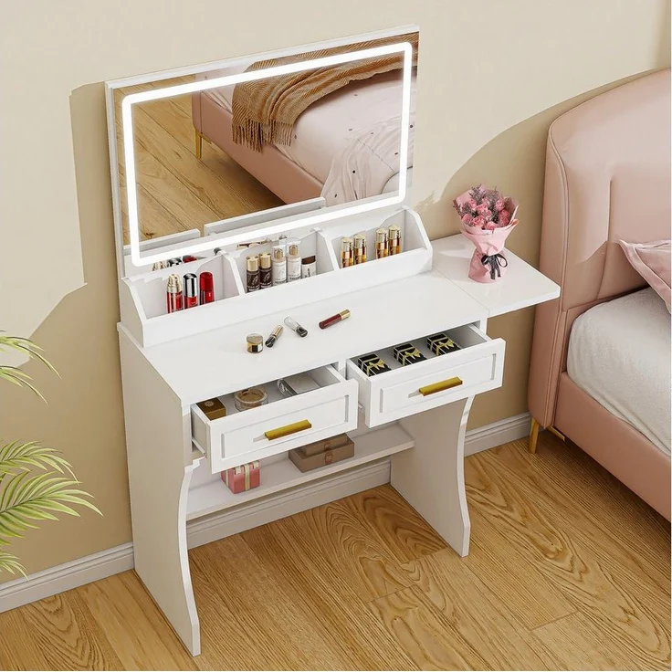 oyajia Schminktisch mit Spiegel und LED Mit 2 Schubladen und 3 Ablagefächern, mit Spiegel, Beleuchtung, 3 Lichtfarben,einstellbare Helligkeit – Bild 2
