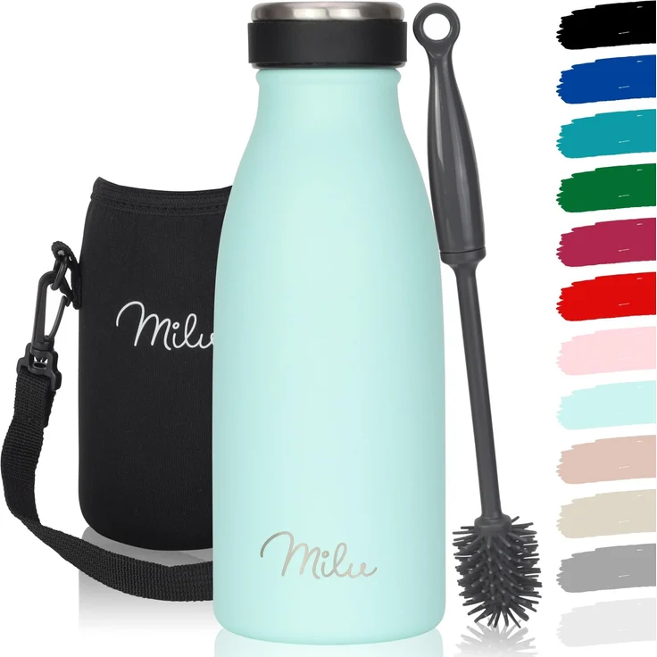 Milu Edelstahl Trinkflasche 350ml, 500ml, 750ml, 1L, 1,5L – Thermosflasche für Kinder Erwachsene auslaufsicher Isolierflasche Kohlensäure geeignet– inkl. Reinigungsbürste (Mint, 350ml)