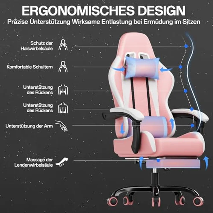 JUMMICO Gaming Stuhl, Bürostuhl Ergonomisch Mit Massagefunktion, Gamer Stuhl verstellbare Rückenlehne 90-135°,und fußstütze, Gamingstuhl 150 kg belastbarkeit, rosa – Bild 4