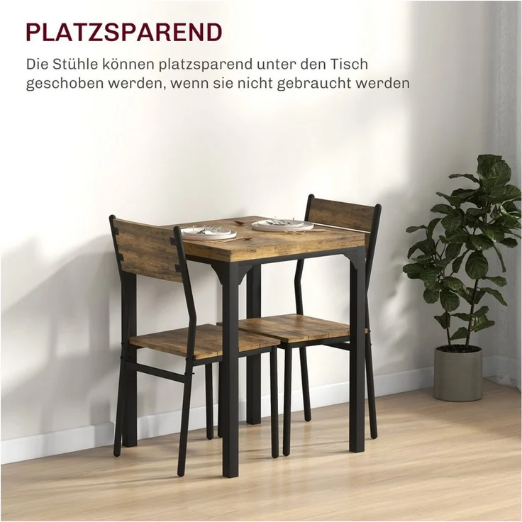 HOMCOM Essgruppe Sitzgruppe Küchentisch mit Metallgestell, (Esszimmergruppe, 3-tlg, Esstisch Set Holztisch), mit 1 Tisch + 2 Stühlen, Naturholzmaserung – Bild 3