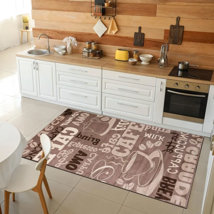 Vimoda Küchenläufer Trendiger Kaffee Teppich, Rechteckig, Höhe: 5 mm, Muster Kaffee, Kaffeetasse, Cappuccino, Küche, Esszimmer, Flur