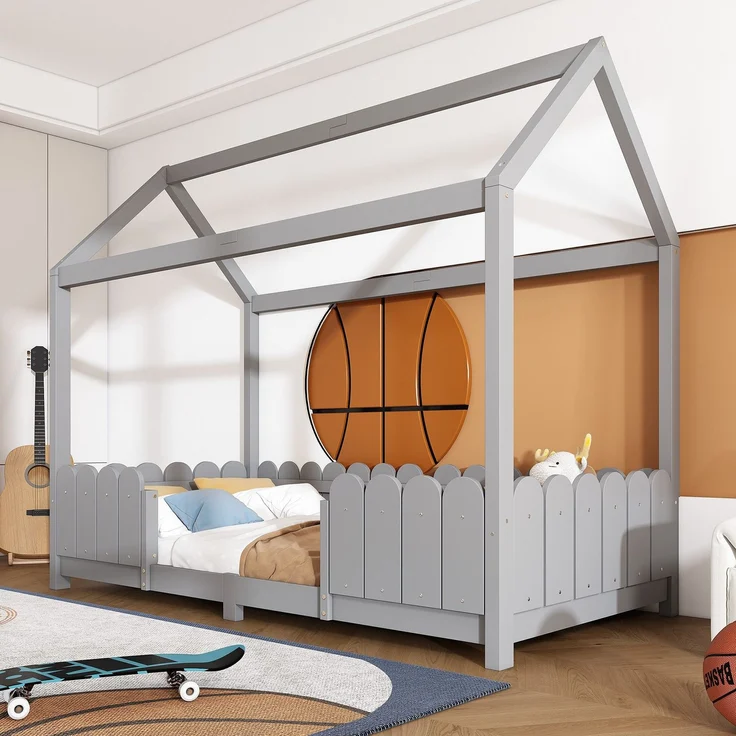 Hausbett mit Lattenrost, 90x200 cm, Kinderbett mit Rausfallschutz, Kiefer – Bild 1