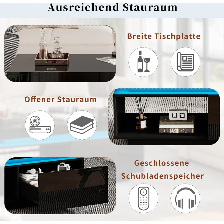Couchtisch 100x50x40,3 cm mit LED-Beleuchtung und Schublade in Hochglanz-Schwarz – Bild 6