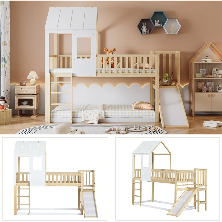 Merax Etagenbett mit rechtwinkliger Leiter und Rutsche, Hausbett mit Dach und Fenster, Kinderbett mit Fallschutz und Gitter, Rahmen aus Kiefer, Natur+Weiß (90x200cm) – Bild 7