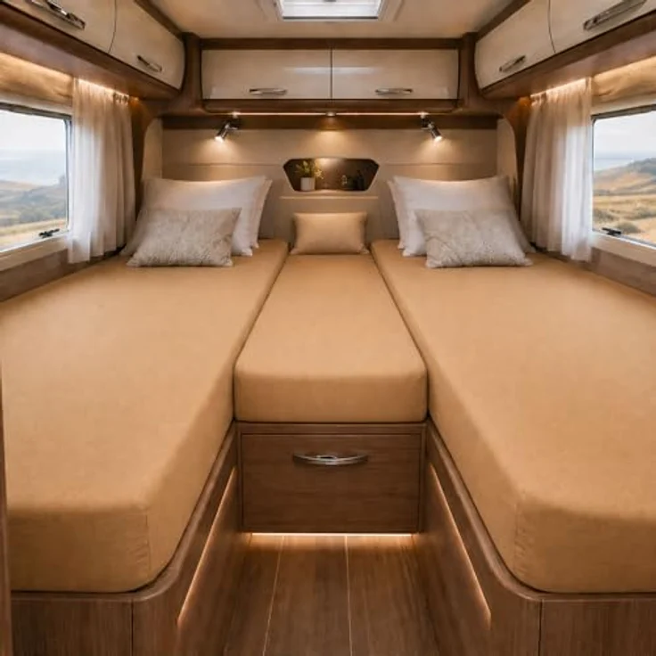 Frottee Spannbettlaken für Wohnmobile Heckbett 3-teilig 2 Längsbetten + 1 Mittelteil Sand – Bild 2