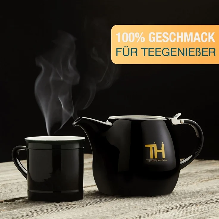 Thiru Teekanne mit Stövchen Porzellan, inkl. Edelstahl Siebeinsatz, 1.2 l, (Hitzebeständiges Porzellan aus Handarbeit), Innovative Mundform für leichtes Ausschenken – Bild 7