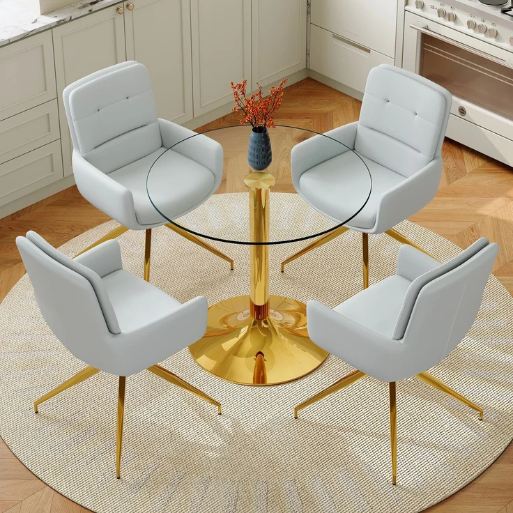 Esstischgruppe H 76 x T 85 x B 85 cm aus gehärtetem Glas mit goldfarbenem Metallgestell, 4 drehbaren PU-Stühlen – Bild 1