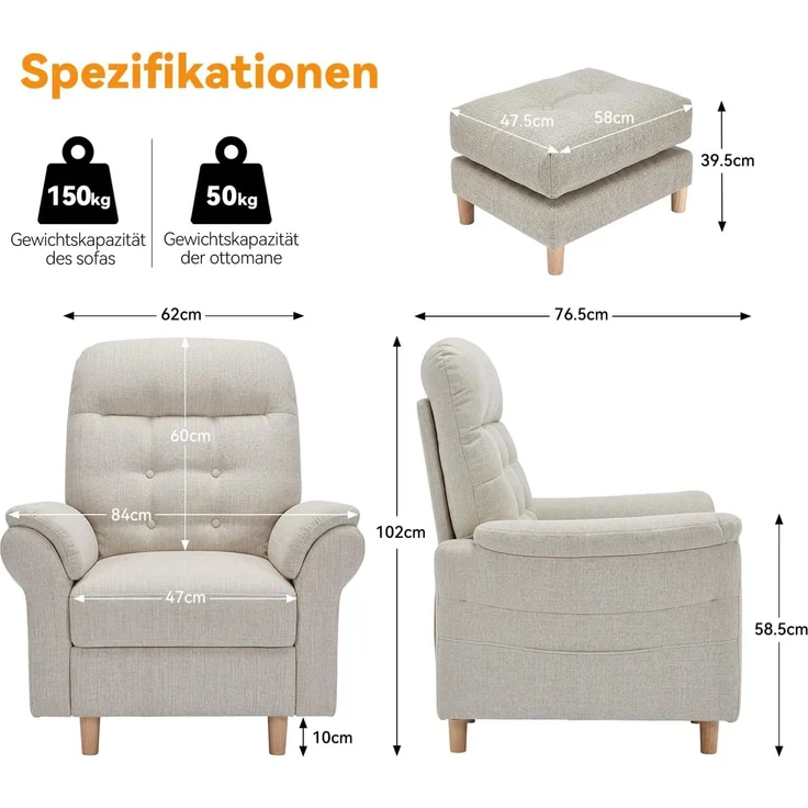 COMHOMA Relaxsessel Fernsehsessel mit Verstellbarer Rückenlehne 4-Gang-Verstellung bis 160°,Federkissen mit Hocker Einzelliege Sessel Wohnzimmer Schlafzimmer Heimkino Leinen, BEIGE – Bild 2
