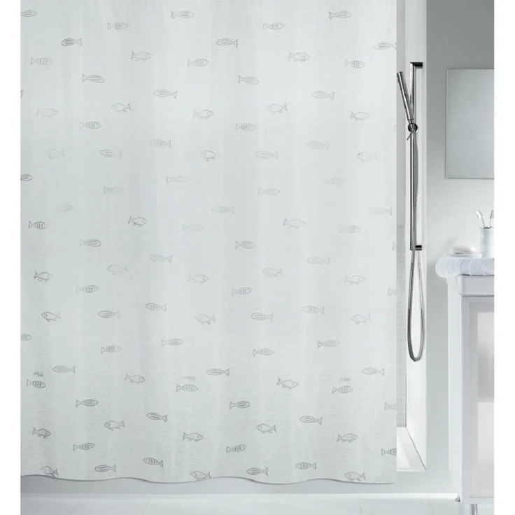spirella Duschvorhang KOS Breite 120 cm, Premium Textil-Duschvorhang, 100% Polyester, Made in Europe, wasserabweisend, Anti-Schimmel-Effekt, waschbar 30°, Motiv "Fische", Farbe weiß-silber, mit besonderem Metallic-Effekt, Größe 120x200 cm – Bild 4