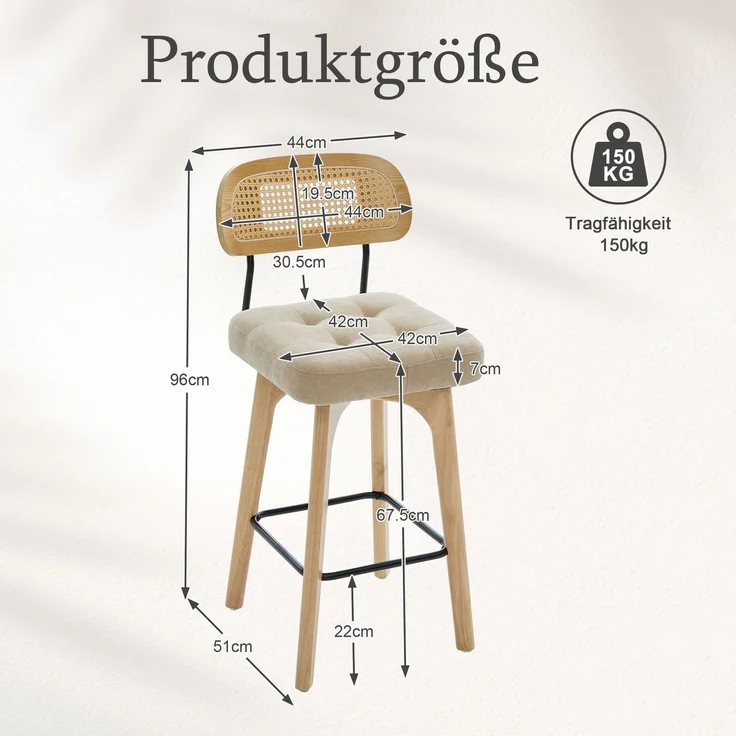 2er-Set um 360° drehbare Barhocker, Küchen- und Frühstücksbarhocker mit Rückenlehne, Rückenlehne aus Rattan mit gepolsterter Sitzfläche, Barhocker im modernen Mid-Century-Stil(Khaki, Chenille)--khaki--51x44x96cm--YOUDENOVA – Bild 6